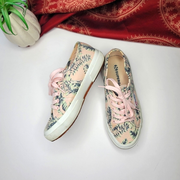 Superga Canvas Shoes Pink Green Leaf Print Size 6 - Picture 1 of 13